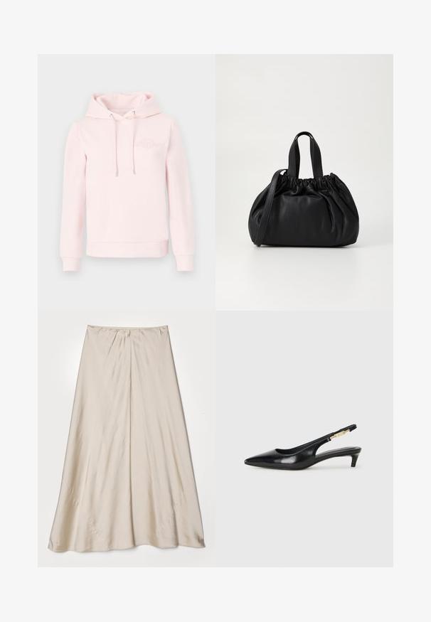 Light pink hooded sweatshirt made of soft fabric, featuring a kangaroo pocket, drawstring hood, and embroidered logo on the chest.; Beige, satin skirt with a flared silhouette. Features a gathered waistband and a subtle sheen, with angled seams and a flowy drape.; Black leather slingback heels with a pointed toe, featuring a slim heel and a gold-tone accent on the adjustable strap. Smooth texture.; Black leather handbag with a gathered top design, featuring two short handles and a long adjustable strap. Smooth texture, rounded shape.