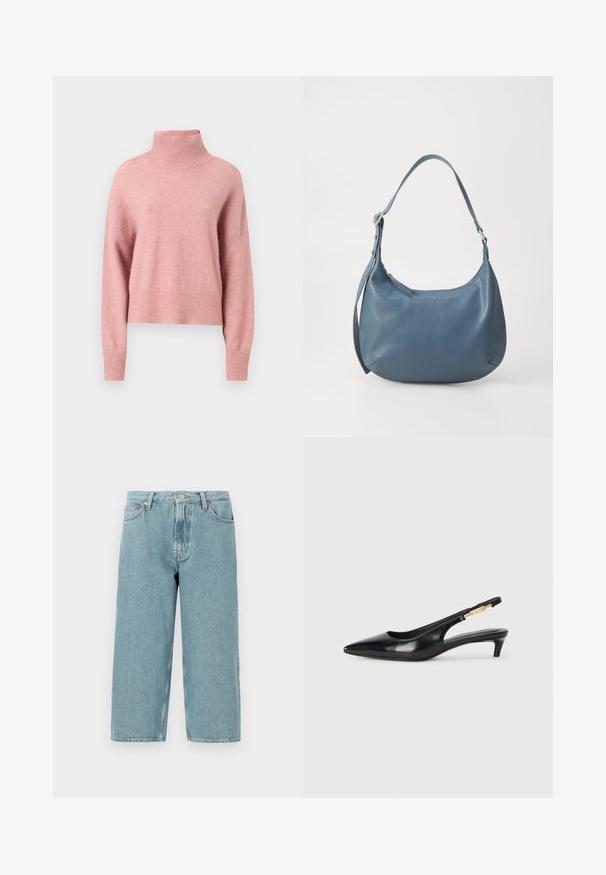 Soe roosa, jämedast kudumist kõrge kaelusega kampsun, millel on pikad varrukad ja mõõdukas soonik. Pehme tekstuur, lühikese lõikega disain ja lõdvestunud istuvus.; Heledad sinine denim lühikesed püksid kõrge talje, sirge lõike ja toore äärega. Omad klassikalise nööbi ja lukuga kinnituse, neli taskut.; Mustad nahast slingback kontsad terava ninaga, millel on õhuke konts ja kuldse tooni aktsent reguleeritaval rihmal. Sile tekstuur.; Sinine nahast käsipadi ümarate vormidega, ühe õlapaela, tõmblukuga ja esiküljel reliefse brändinimega. Sile tekstuur.