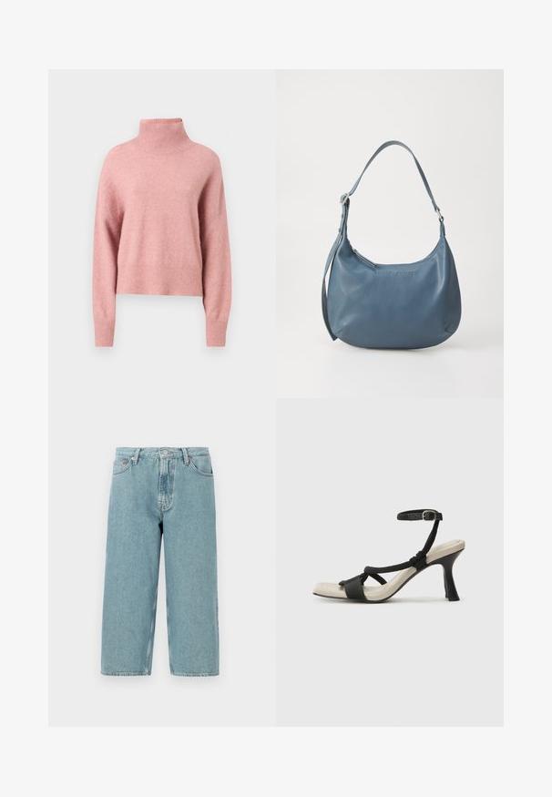 Jasnoróżowy, gruby sweter z golfem, z długimi rękawami i ściągaczem na dole. Miękka faktura, krótki krój i luźny fason.; Jasnoniebieskie szorty dżinsowe z wysokim stanem, prostym krojem i surowym wykończeniem. Posiadają klasyczne zapięcie na guzik i zamek błyskawiczny oraz cztery kieszenie.; Czarne sandały na obcasie z plecionym paskiem, kwadratowym noskiem i regulowanym paskiem na kostkę. Jasnobeżowa wkładka z błyszczącym czarnym obcasem.; Niebieska skórzana torebka o zaokrąglonym kształcie, z jedną rączką na ramię, zamykana na zamek błyskawiczny, z wytłoczonym logo na przodzie. Gładka faktura.