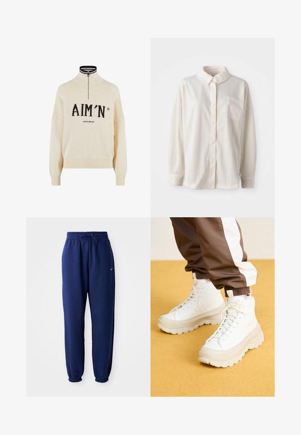 Pull crème à col haut et zip quart, avec le logo noir "AIM'N" et le texte "SPORTSWEAR", poignets et ourlet côtelés, texture tricotée.; Chemise à col blanc, à boutons, avec des rayures verticales, à manches longues, poche poitrine simple, en tissu lisse avec une texture douce.; Pantalons de survêtement bleu marine en tissu doux, avec une taille élastique à cordon de serrage, des poignets élastiques et un petit logo blanc.; Baskets montantes blanches avec une semelle épaisse et texturée, présentant un dessus lisse, une pointe ronde et des lacets ton sur ton, sur un fond jaune.