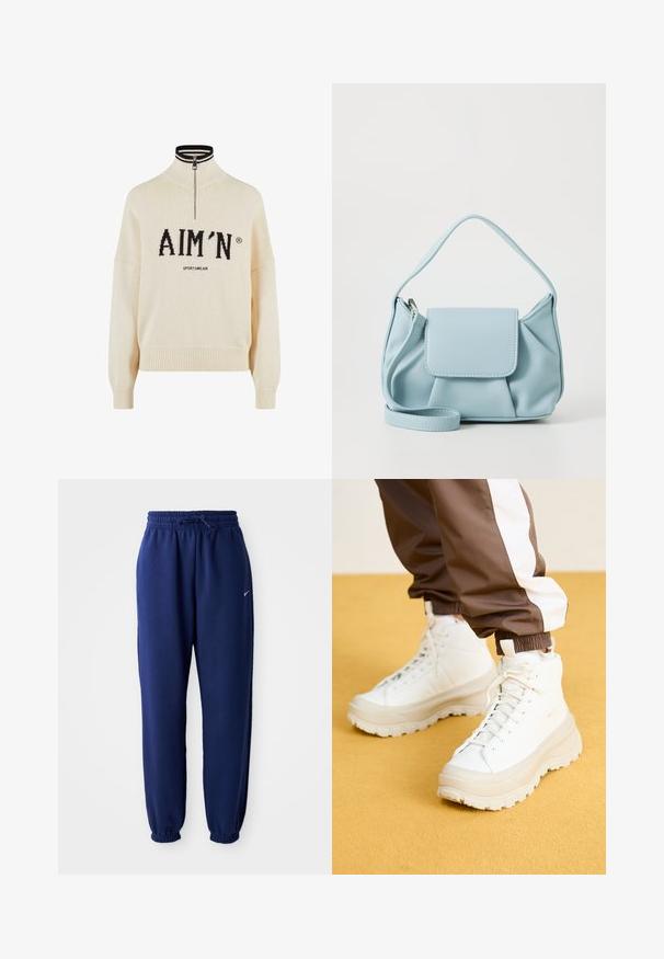 Pull crème à col haut et zip quart, avec le logo noir "AIM'N" et le texte "SPORTSWEAR", poignets et ourlet côtelés, texture tricotée.; Pantalons de survêtement bleu marine en tissu doux, avec une taille élastique à cordon de serrage, des poignets élastiques et un petit logo blanc.; Baskets montantes blanches avec une semelle épaisse et texturée, présentant un dessus lisse, une pointe ronde et des lacets ton sur ton, sur un fond jaune.; Sac à main en cuir bleu clair avec une anse supérieure, poche à rabat avant et bandoulière amovible sur fond blanc.