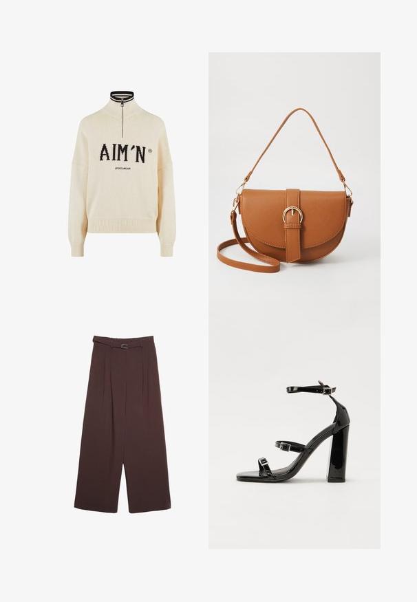 Maglione crema con collo alto e zip a un quarto, caratterizzato dal logo nero "AIM'N" e dal testo "SPORTSWEAR", polsini e orlo a costine, texture lavorata a maglia.; Stradivarius WIDE-LEG WITH BUCKLE DETAIL - Pantaloni - dark brown; Sandali con tacco in vernice nera, con punta squadrata, cinturini alla caviglia e fibbie in argento. Presentano un tacco a blocco spesso per maggiore stabilità.; Borsa a tracolla in pelle marrone con forma curvata, hardware dorato e un dettaglio con fibbia. Presenta una tracolla rimovibile.