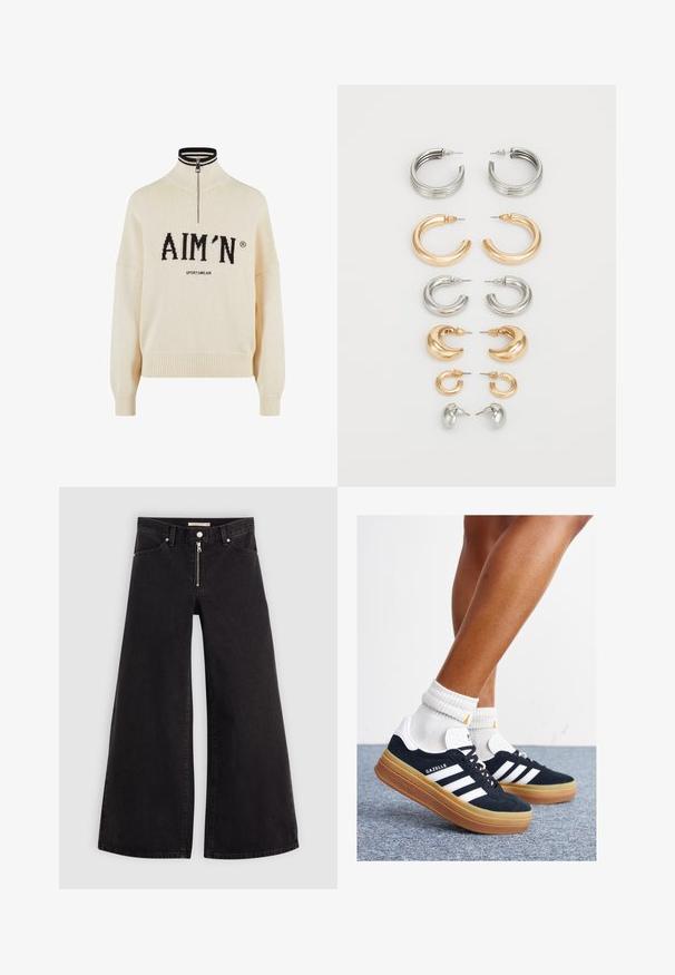 Suéter crema con cuello alto y cremallera de un cuarto, con el logo negro "AIM'N" y el texto "SPORTSWEAR", puños y dobladillo acanalados, textura de punto.; Jeans de pierna ancha en denim negro con cierre frontal, diseño de cinco bolsillos y detalles de costura sutiles. Textura suave y estilo casual.; Zapatillas deportivas de gamuza negra con rayas y detalles blancos, puntera redondeada, suela de goma color caramelo, combinadas con calcetines blancos acanalados a la altura del tobillo.; Juego de ocho pendientes de metal en tonos plateados y dorados. Incluye varios estilos de aros, texturas y acabados, organizados por tamaño.