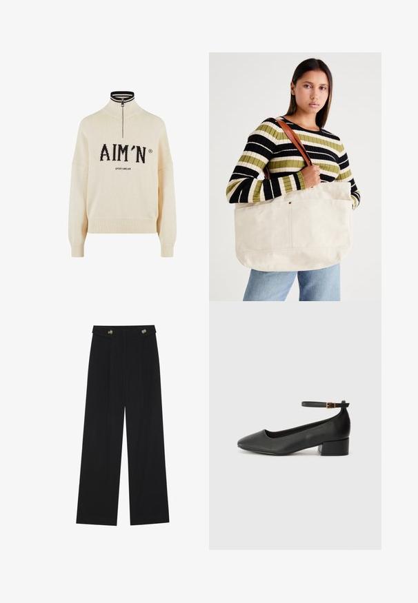 Kreminė megzta palaidinė su aukštu kaklu ir ketvirčio užtrauktuku, turinti juodą "AIM'N" logotipą ir "SPORTSWEAR" tekstą, raukšlėtomis rankovėmis ir apatine dalimi, megztas tekstūras.; Juodi plačios kojos kelnės su aukštu liemeniu, sagų detalėmis ant liemens ir priekinėmis raukšlėmis.; Juodas odinis aukštakulnis batelis su smailiu pirštu ir žemu bloku. Su kulkšnies dirželiu su auksinės spalvos sagtimi. Lygus paviršius.; Didelė smėlio spalvos drobės rankinė su rudomis odinėmis diržais, pasižyminti minimalistiniu dizainu ir matomais siuvinėjimo akcentais.