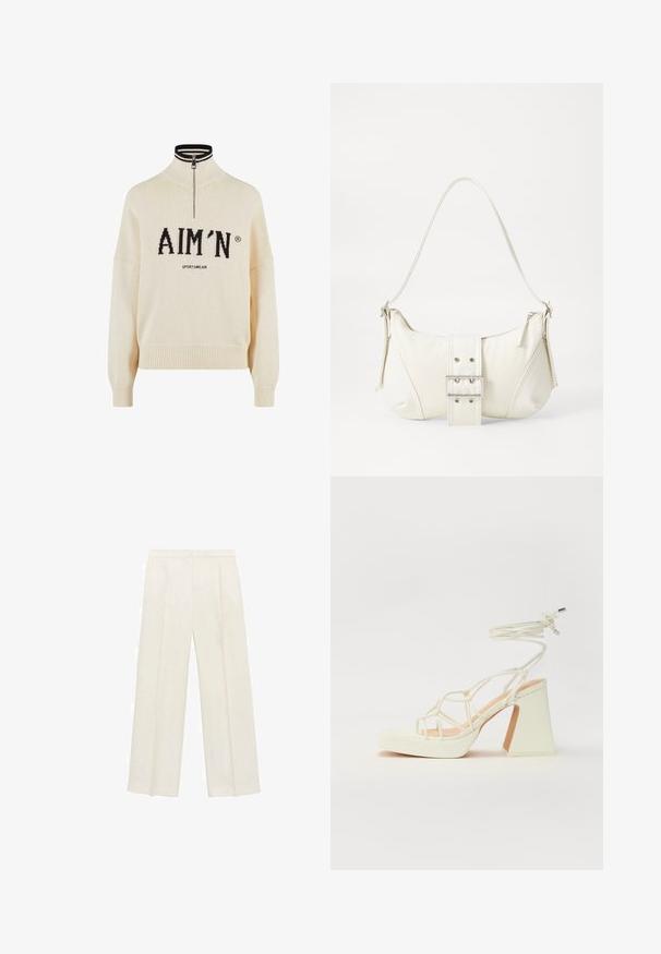 Kremowy sweter z wysokim kołnierzem i ćwiartkowym zamek, z czarnym logo "AIM'N" i napisem "SPORTSWEAR", ściągacze rękawów i dołu, splot dziany.; Spodnie o szerokich nogawkach w jasnym kolorze kremowym. Wykonane z gładkiego materiału, z plisami z przodu i bocznymi kieszeniami.; Biała sandał na wysokim obcasie z masywnym słupkiem, z paskowym wzorem i wiązaniem przy kostce. Gładka faktura z platformą z przodu dla dodatkowej wysokości.; Biała torebka na ramię o fakturowanym wykończeniu, z centralnym akcentem w postaci klamry i zaokrąglonym kształcie. Zapięcia na zamek błyskawiczny po obu stronach.