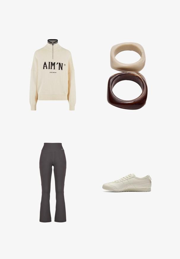 Krémový svetr s vysokým krkem a čtvrtinovým zipem, s černým logem "AIM'N" a textem "SPORTSWEAR", žebrované manžety a lem, pletená textura.; Světlé tmavě šedé žebrované legíny s vysokým pasem, vyrobené z pružného materiálu; hladká textura s jemnými švy.; Béžové sportovní boty s hladkým koženým svrškem, šněrováním, strukturovanou podrážkou a diskrétním logem na boku.; Stradivarius SET - Náramek - dark brown