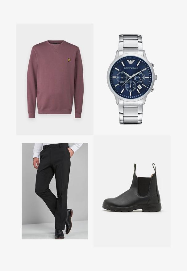 Lyle & Scott Melegítőfelső - highland mauve; Fekete öltöny nadrág, testhezálló szabással, sima felülettel, egyenes lábszárral és övhurkokkal, fényes fekete öltönycipővel párosítva.; Fekete bőr Chelsea csizma rugalmas oldalsó panelekkel, húzófüllel, masszív gumitalppal és steppelt részletekkel. Simább textúra az egész felületen.; Emporio Armani Kronográf óra - silver-coloured