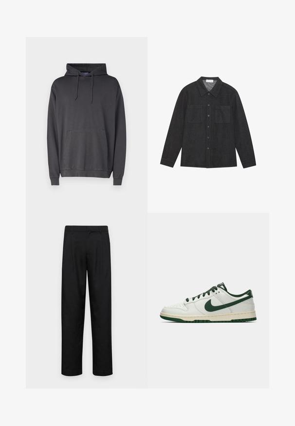 Gray hoodie made of soft fabric, featuring a front kangaroo pocket, hood with drawstrings, and ribbed cuffs and hem.; Dark gray shirt made of textured fabric, featuring a pointed collar, button front, and two chest pockets. Long sleeves with buttoned cuffs.; Black trousers made of smooth fabric, featuring a straight-leg design, two front pleats, and standard waistband with belt loops.; White low-top sneaker with dark green Nike swoosh, laces, and sole accents, shown in profile on a plain white background.