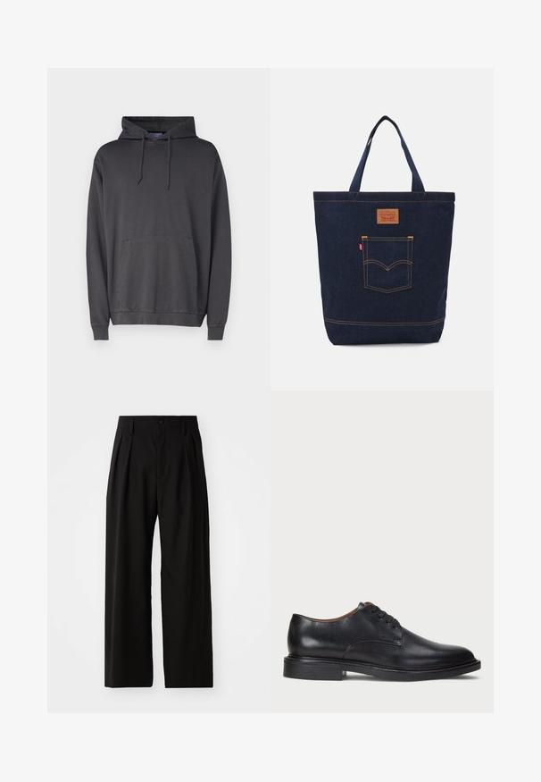 Grijze hoodie van zachte stof, met een voorzak in kangoeroe stijl, een capuchon met trekkoord en ribbels aan de mouwen en onderkant.; Wit katoenen T-shirt met korte mouwen, ronde hals en een subtiel "Levi's" logo in een lichte kleur op de voorkant gedrukt.; Zwarte wijde broek met een gladde textuur, voorzien van twee voorklokken, een knoopsluiting en zijzakken. Duurzaam materiaal.; Zwart leren dresschoen met een ronde neus, vetersluiting en een lage gestapelde hak. Gladde textuur met minimale stiksels.; Denim draagtas in donkerblauw met twee handvatten, zichtbare stiksels en een voorvak met een klassiek logo patch.