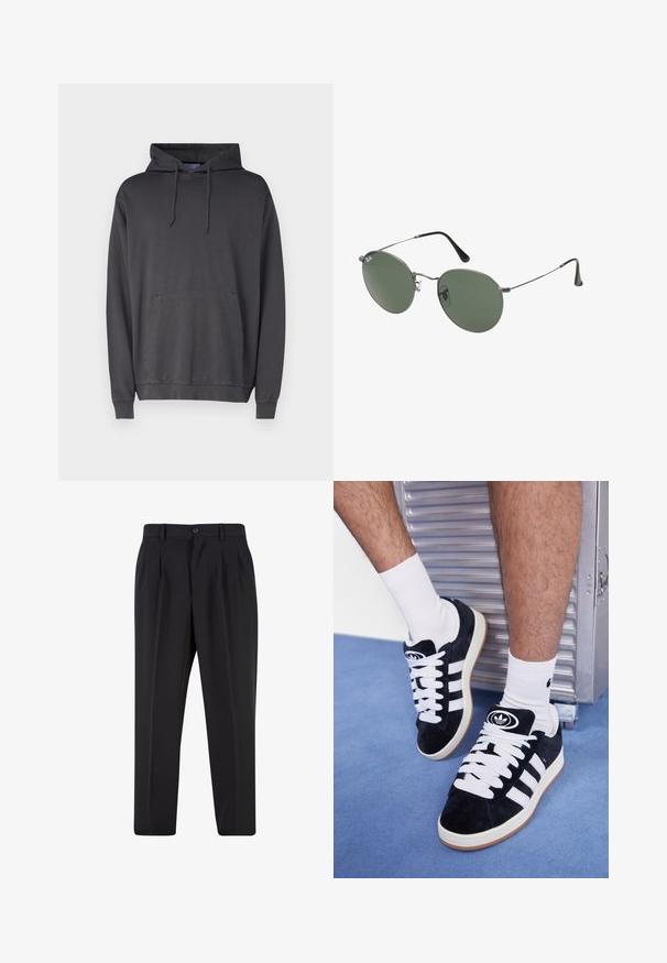 Un hoodie gris en tissu doux, avec une grande poche kangourou à l'avant, une capuche avec des cordons de serrage, et des poignets et un ourlet côtelés.; Pantalons noirs avec un design de devant plissé, fabriqués à partir d'un tissu lisse. Comprend une fermeture par bouton et des passants de ceinture ; coupe droite.; Baskets en suede noir avec des lacets blancs et trois rayures blanches. Présente un logo circulaire noir sur la languette et une semelle en caoutchouc beige.; Lunettes de soleil en métal avec des verres ovales verts. Monture en métal argenté mince et embouts d'oreille noirs. Design minimaliste, sans logos visibles.