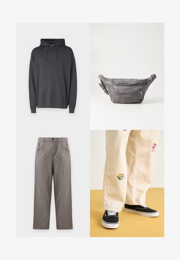 Hanorac gri din material moale, cu buzunar frontal tip kangur și cu glugă prevăzută cu șnururi, manșete și tiv cu model gefor.; Pantaloni gri cu imprimeu houndstooth, cu design drept, având pliuri, un talie cu închidere prin buton și buzunare laterale.; Pantaloni din bumbac bej cu modele brodate jucăușe, inclusiv un personaj roz și un bloc colorat, asortați cu teniși negri cu șireturi.; Borseta gri din suede, cu o formă rotunjită, două compartimente cu fermoar și curea ajustabilă. Are accente din metal.