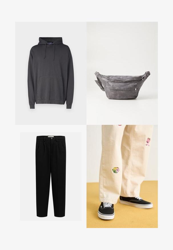 Hanorac gri din material moale, cu buzunar frontal tip kangur și cu glugă prevăzută cu șnururi, manșete și tiv cu model gefor.; Pantaloni negri dintr-un material moale, cu un design drept, pliuri frontale și închidere cu nasture la talie.; Pantaloni din bumbac bej cu modele brodate jucăușe, inclusiv un personaj roz și un bloc colorat, asortați cu teniși negri cu șireturi.; Borseta gri din suede, cu o formă rotunjită, două compartimente cu fermoar și curea ajustabilă. Are accente din metal.