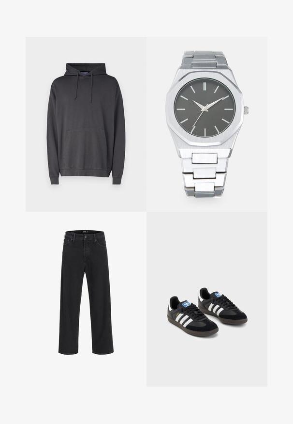 Grauer Hoodie aus weichem Stoff, mit einer vorderen Kängurutasche, Kapuze mit Kordeln und gerippten Bündchen und Saum.; Schwarze gerade geschnittene Jeans aus Denim mit Knopf- und Reißverschluss, Gürtelschlaufen sowie Vorder- und Gesäßtaschen.; Schwarze Sneaker mit einem Obermaterial aus Wildleder und Synthetik, ausgestattet mit drei weißen Streifen, einer strukturierten Gummi-Sohle und einem blauen Logo-Tag auf der Zunge.; Silberne Analog-Uhr mit achteckigem Gehäuse, grauem Zifferblatt, silbernen Stundenmarkierungen und einem Armband aus Edelstahl. Minimalistisches Design mit glatter Textur.