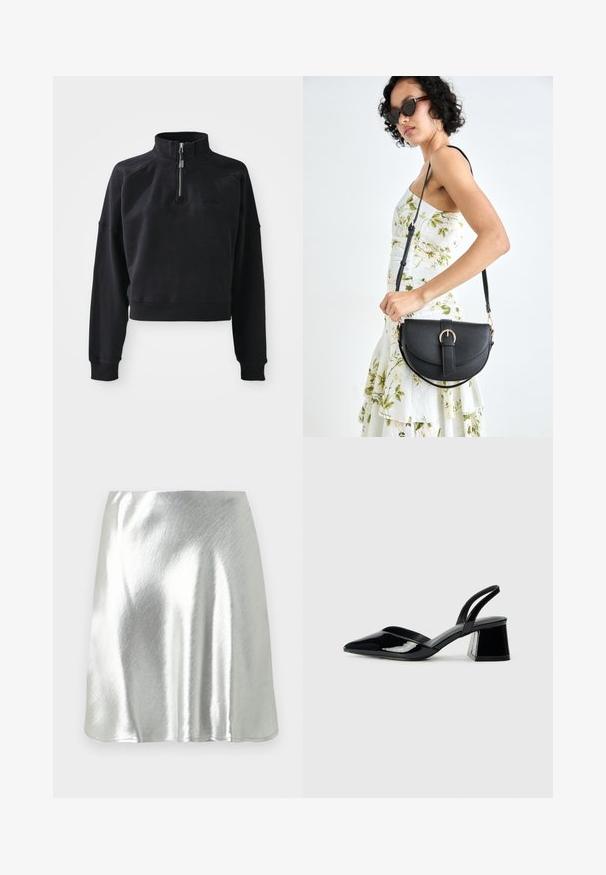 Felpa nera corta con colletto alto, cerniera a un quarto e polsini a costine. Realizzata in materiale morbido con un marchio sottile sul davanti.; Minigonna metallica argentata con una texture liscia e un leggero effetto lucido. Presenta un design svasato e un orlo semplice e pulito.; Décolleté in vernice nera con punta affusolata e tacco in geometria cubica. Presentano un design elegante e minimalista, con una texture liscia.; Borsa a tracolla nera in pelle con una forma curva, manico rimovibile e accessori dorati. La borsa presenta una patta con un dettaglio a fibbia.