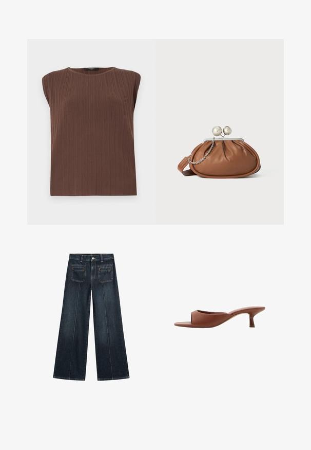 Brun ribbet ærmeløs top med rund halsudskæring. Blød tekstur, lige snit og subtile lodrette linjer, der fremhæver stoffets design.; Vide ben jeans i mørk denimvask, med knaplukning, to forlommer og to baglommer med subtile syninger.; Brune åbne tå hæle mules med en glat, mat finish, der har et buet design og en gennemsigtig, afsmalnende hæl.; Brun læder clutch-pung med sølv kugleklap og en lille sølv kædedetalje på en hvid baggrund.