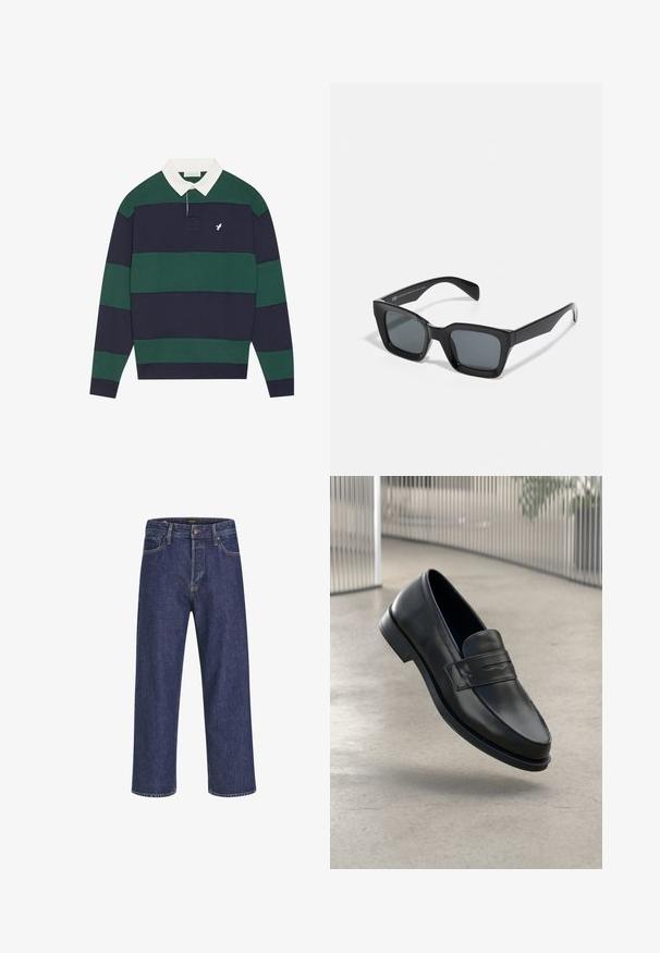 Hosszú ujjú póló, tengerész kék, zöld és sötétzöld vízszintes csíkokkal, fehér gallérral és kis logóval a bal mellen.; Sötétkék farmernadrág egyenes szabással, öt zsebes kialakítással, fém gombos záródással és kontrasztos varrással, diszkrét textúrával.; Fekete bőr mokaszin sima felülettel, hegyes orral és dekoratív pánttal a lábfej fölött. Könnyű talp, letisztult dizájn.; Fekete téglalap alakú napszemüveg sötét lencsék. Műanyag keret fényes felülettel, széles híddal és enyhén kúpos szárakkal.