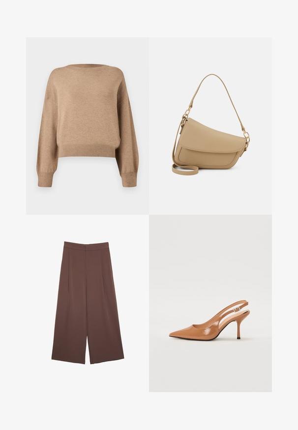 Maglione lavorato a maglia in un tono marrone chiaro. Caratterizzato da un collo rotondo, spalle basse e polsini e orlo a coste. Texture morbida e design cropped.; Pantaloni ampi marroni con una texture liscia, caratterizzati da una vita alta e pieghe frontali. Il tessuto è leggero e scorre liberamente.; Tacco slingback a punta affusolata in un materiale tan liscio e lucido. Presenta un design con ritaglio curvo e un sottile tacco a stiletto. Dettaglio con fibbia argentata.; Even&Odd Borsa a mano - beige