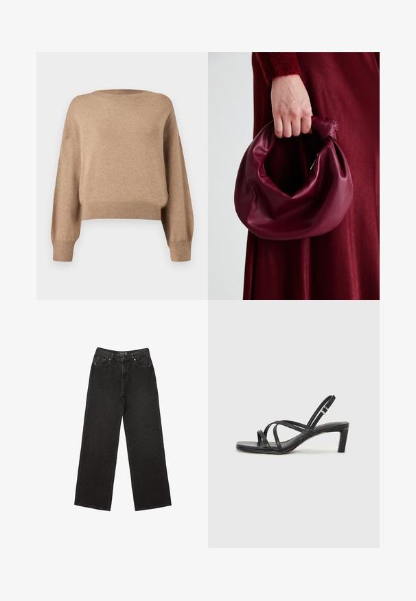Pletena džemper u svijetlosmeđoj nijansi. Ima okrugli izrez, spuštene ramena te rebraste manžete i donji rub. Mekana tekstura i skraćeni dizajn.; Crne široke traperice izrađene od denima, s malim točkastim uzorcima, klasičnim dizajnom s pet džepova i zatvaranjem na gumbe i zatvarač.; Crne sandale s trakama, kvadratnim prstom i niskom blok petom. Ima više tankih trakica i podesivu trakicu oko gležnja. Izrađene su od glatke kože.; Bordo kožni ruksač s mekim, naboranim dizajnom i zaobljenim oblikom. Ručka je sigurno pričvršćena, pokazujući glatku teksturu.