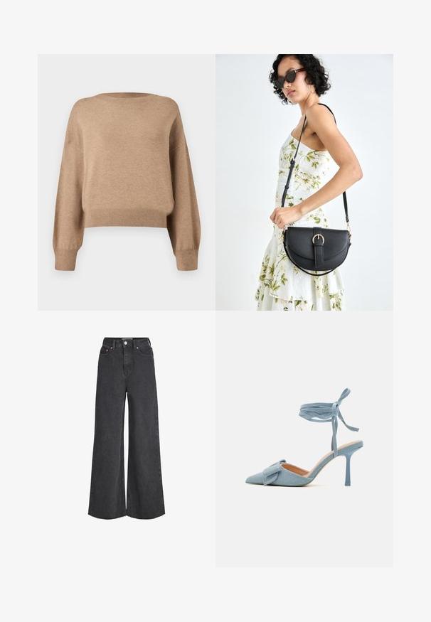 Strickpullover in einem hellbraunen Farbton. Merkmale sind ein runder Halsausschnitt, herunterhängende Schultern und gerippte Bündchen sowie Saum. Weiche Textur und verkürzter Schnitt.; Hochtaillierte schwarze weite Jeans mit vorderem Knopf und Reißverschluss, fünf Taschen und rohem Saumdetails.; Spitz zulaufender High Heel Schuh aus hellblauem Stoff mit strukturiertem Finish, versehen mit einem Schleifenakzent und einem Knöchelriemen für sicheren Halt.; Schwarze Lederhandtasche mit geschwungener Form, abnehmbarem Tragegurt und goldenen Beschlägen. Die Tasche verfügt über einen Deckel mit einer Schnallen-Details.