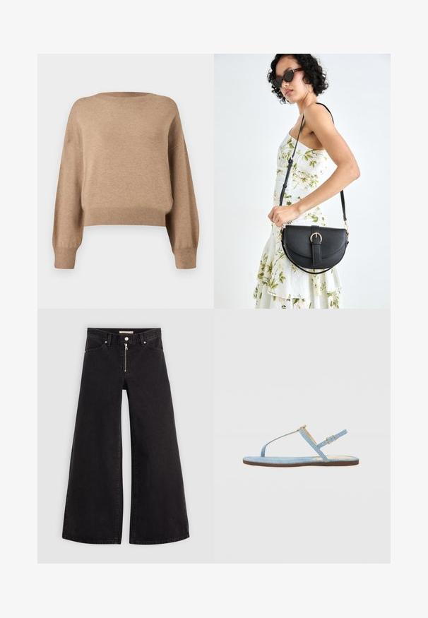 Jersey de punto en un tono marrón claro. Presenta un escote redondo, hombros caídos y puños y dobladillo acanalados. Textura suave y diseño corto.; Jeans de pierna ancha en denim negro con cierre frontal, diseño de cinco bolsillos y detalles de costura sutiles. Textura suave y estilo casual.; Sandalia plana de denim azul con diseño de tira T, correa ajustable en el tobillo y suela marrón. Presenta un sencillo acento de hebilla.; Bolso de piel negra con forma curva, correa desmontable y herrajes dorados. El bolso cuenta con una solapa con un detalle de hebilla.