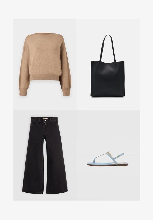 Pull en tricot de couleur marron clair. Présente un col rond, des épaules basses et des poignets et un ourlet côtelés. Texture douce et coupe courte.; Jean large en denim noir avec une fermeture éclair à l'avant, un design à cinq poches et des détails de couture subtils. Texture lisse et style décontracté.; Sandale plate en denim bleu avec un design à T, une bride de cheville ajustable et une semelle marron. Dotée d'un simple accent de boucle.; Sac fourre-tout en cuir noir avec une texture lisse, de forme rectangulaire et deux longues poignées. Pas de matériel ou d'ornementations visibles.