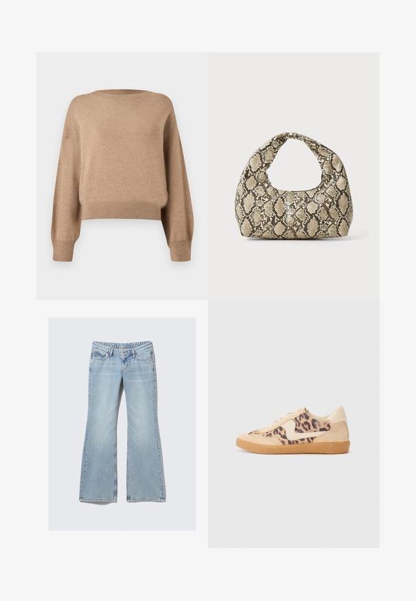 Pull en tricot de couleur marron clair. Présente un col rond, des épaules basses et des poignets et un ourlet côtelés. Texture douce et coupe courte.; Weekday NOVA - Jean slim - lip blue; Baskets en imprimé léopard avec tige en suède beige, semelle en caoutchouc tan et accents blancs. Bout rond et design à lacets avec une finition texturée.; Sac à main en motif serpent avec une poignée incurvée. Fabriqué à partir de matériaux texturés beiges et bruns, présentant un motif en diamant distinctif.
