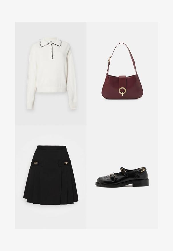 Maglione bianco lavorato a maglia con colletto bordato di nero, dotato di una patta con bottoni e polsini e orlo anneriti per un look aderente.; Gonna plissettata nera con dettagli in metallo dorato. Presenta tasche laterali con logo, realizzata in materiale liscio. Silhouette a forma di A.; Scarpe in pelle nera con dettagli brogue, dotate di due cinturini con fibbia, punta arrotondata e tacco basso. Texture liscia con finitura lucida.; Borsa a tracolla in pelle borgogna con forma curva, accentuata da un hardware oro circolare e una singola tracolla. Texture liscia, design minimalista.