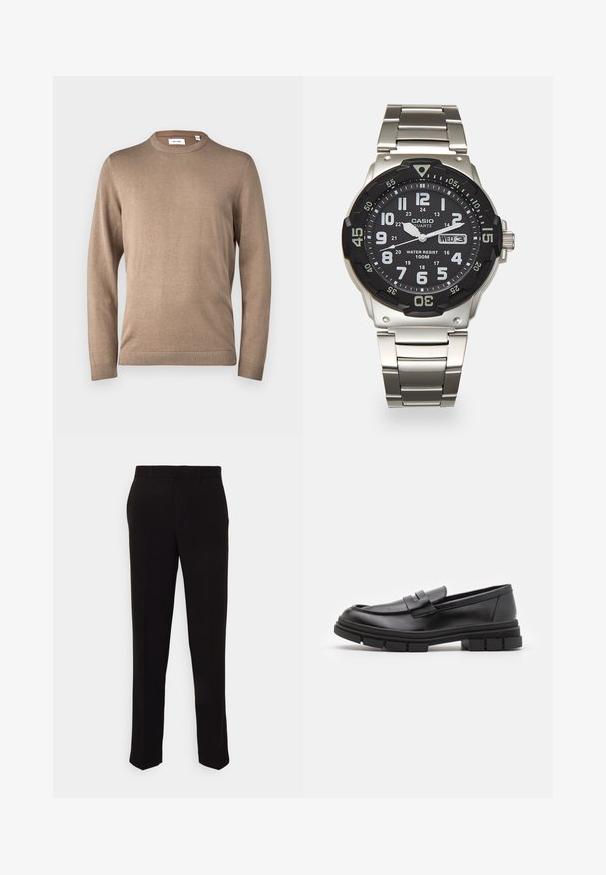 Only & Sons ONSALEX taupe; Czarne spodnie o prostym kroju, o gładkiej fakturze i bez widocznych wzorów czy elementów metalowych. Klasyczny design z czystą sylwetką.; Czarne skórzane mokasyny o gładkim wykończeniu, z paskiem na przodzie i masywną gumową podeszwą z rowkowaniem.; Metalowy zegarek kwarcowy z czarną tarczą, białymi cyframi i wyświetlaczem daty. Posiada stalową bransoletę i odporność na wodę do 100m.