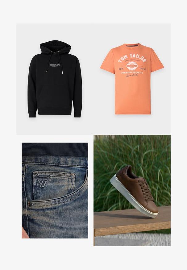 Černá mikina s kapucí vyrobená z kombinace bavlny a polyesteru. Má přední klokanku, stahovací kapuci a bílé potiskované logo na hrudi. Standardní střih.; Tričko s krátkým rukávem v korálově oranžové barvě s kulatým výstřihem. Na přední straně se nachází bílý grafický text a logo. Materiál 100% bavlna.; Modré džínové kalhoty s vybledlou texturou, s mincovní kapsou a černým logem na přední straně. Pas má tmavě námořnický modrý žebrovaný materiál.; Hnědé kožené tenisky s bílou gumovou podrážkou, kulatou špičkou a hnědými tkaničkami. Imitovaný grip na podrážce a hladký povrch na svršku.