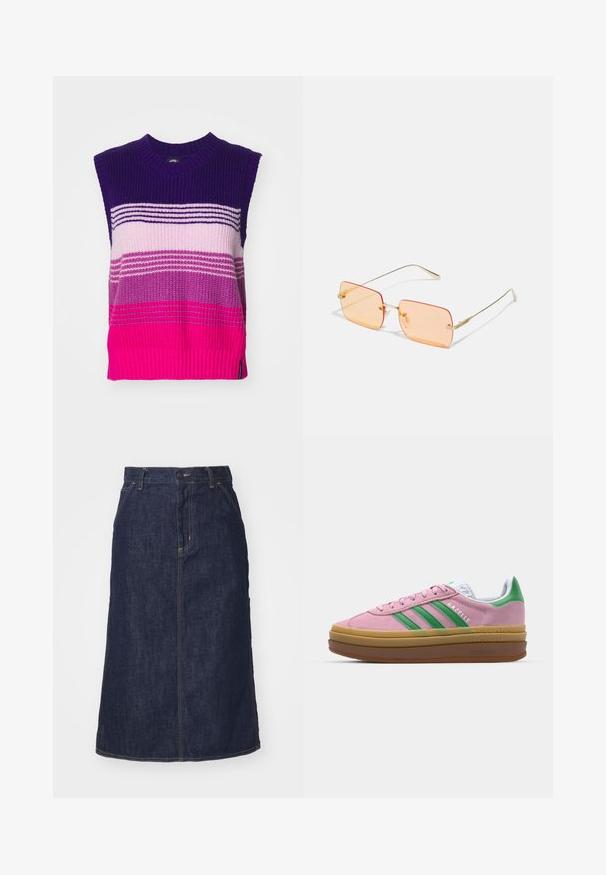 Bez piedurknēm adīta blūze ar horizontālām svītrām tumši purpursarkanā, gaiši rozā un fuksijas krāsā. Strukturēts audums ar ribu apdari apkaklē un apakšmalā.; Tumša zila džinsu svārku ar augstu jostasvietu, taisnu piegriezumu, priekšējām kabatām un šuvēm. Iekļauta rāvējslēdzēja un pogas aizdare jostasvietā.; Rozā zamša kedas ar zaļām svītrām, baltām akcentiem un brūnu gumijas zoli. Izstrādātas ar teksturētu audumu un logotipa detaļām sānos.; Zelta metāla rāmja saulesbrilles ar taisnstūrveida oranžajiem stikliem. Izsmalcināti plāni stari un diskretās tekstūras akcenti tuvu pie eņģēm.; Zelta krāsas auskari gredzena formā, plāni un apaļi, ar gludu metāla apdari un bez rotājumiem vai zīmējumiem.