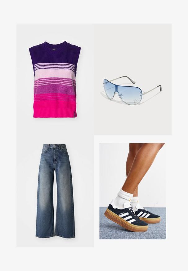 Ujjatlan kötött pulóver, mely vízszintes csíkokkal rendelkezik sötétlila, világos rózsaszín és fukszia színekben. Strukturált anyag, bordás kivágással és szegéllyel.; Kék, magas derekú, bőszárú farmernadrág elülső gombbal és zsebekkel, a combokon elhalványult textúrával és egyenes szegéllyel.; Fekete velúr sportcipő fehér csíkokkal és díszítésekkel, lekerekített orral, gumitalpú külső résszel, fehér bordázott bokazoknival párosítva.; Pilóta napszemüveg, melynek áttetsző kék lencséje, ezüst fém kerete és díszes csillag díszítések találhatók a lencsén. Simogató és elegáns dizájn.