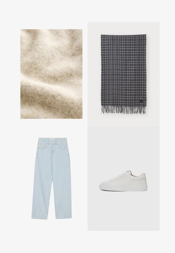 Valkoinen-beige villakangas, jossa on pehmeä, pörröinen rakenne, sisältäen hienovaraisen herringbone-kuvion ja pieniä värivaihteluita ympäriinsä.; Vaaleansiniset leveät farkut, jotka on valmistettu denimistä, ja joissa on keskipitkä vyötärö, viisi taskua sekä nappisuljenta, jossa on kapea metallikoriste.; Valkoiset nahkaiset matalakärkiset lenkkarit, joissa on pyöreä kärki, litteä valkoinen kumipohja ja minimalistinen ommel yksityiskohtana. Nauhat on kiinnitetty kuuden silmukan läpi.; Kudottu villahuivi tummansinisessä ja kermassa ruutukuosissa, jossa on fringe-reunat ja pieni musta etiketti. Pehmeä rakenne ja suorakulmainen muoto.