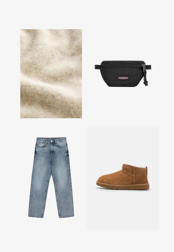 Lichtbeige wollen stof met een zachte, fluweelachtige textuur, voorzien van een subtiel visgraatpatroon en lichte kleurvariaties overal.; Lichtblauwe denim jeans met een rechte pijp, zichtbare stiksels, vijf zakken en een knoopsluiting in de taille.; Tan suède enkellaars met een ronde neus, subtiele stiksels en een gestructureerde rubberen zool. Korte hoogte zonder veters.; Zwarte heuptas gemaakt van duurzaam materiaal, met een ritsluiting, verstelbare schouderband en een rood-zwart logo-opdruk aan de voorkant.