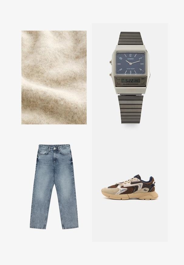 Tela de lana beige claro con una textura suave y peluda, que presenta un sutil patrón de espiga y ligeras variaciones de color en toda su superficie.; Jeans de mezclilla azul claro con corte recto, costuras visibles, diseño de cinco bolsillos y cierre de botón en la cintura.; Zapatillas beige y marrón con paneles de malla texturizada, acentos de ante y suela de goma. Presenta un diseño de cordones y detalles de marca.; Reloj digital Casio con esfera azul, caja plateada y correa de goma negra estratificada. Muestra la hora y la configuración de la alarma. Resistente al agua.