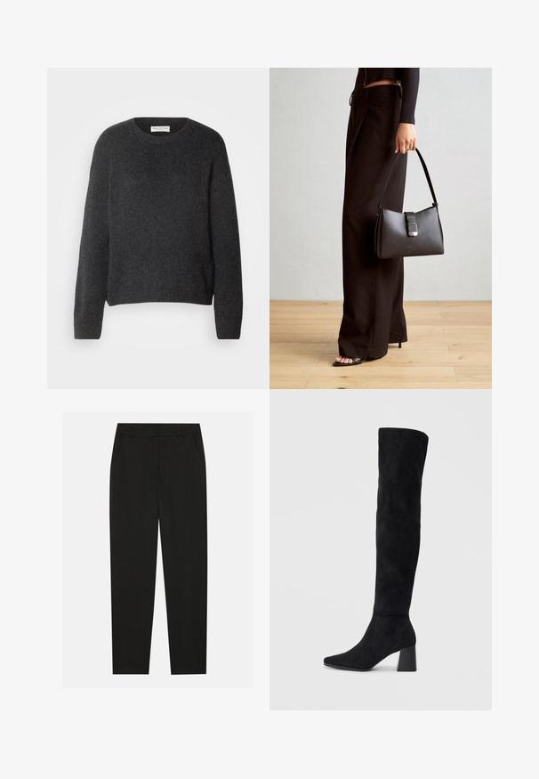 Marc O'Polo LONGSLEEVE ROUNDNECK - Strikkegenser - deep grey melange; Sorte bukser med skreddersydd design, med sidelommer og rett ben. Laget av glatt, lett stoff med en elegant finish.; Sorte semskede knelang støvel med blokk-heelsk, spiss tå og glatt, sømløst design på en ensfarget lys bakgrunn.; Svart håndveske med strukturert form, jevn tekstur og metallisk lås. Kombinert med brede svarte bukser og sandaler med åpen tå på tregulv.