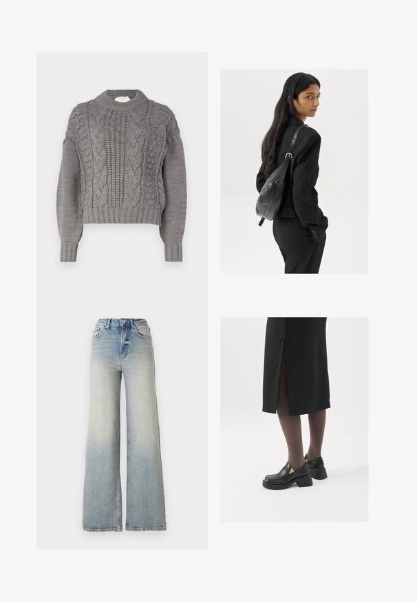 Vero Moda VMKEYSA - Strickpullover - medium grey; Hellblaue weit geschnittene Jeans aus Denim, mit hoher Taille, fünf Taschen und sichtbaren Nähten entlang der Säume.; Schwarze Lederschuhe mit abgerundetem Zeh, dicker Blockabsatz und elastischen seitlichen Akzenten, kombiniert mit dunklen Strumpfhosen und einem schwarzen Rock mit Schlitz.; Frau mit langen dunklen Haaren, die einen schwarzen Anzug trägt und eine schwarze Lederschultertasche hält, schaut über ihre Schulter vor einem weißen Hintergrund.