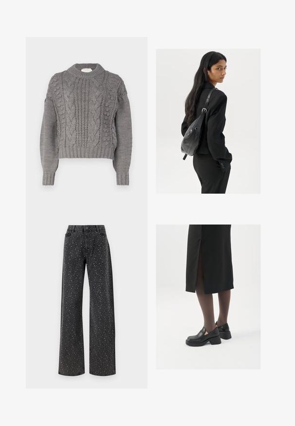 Vero Moda VMKEYSA szary melanż; Noisy May NMJANNEL czarny denim; Czarne skórzane buty z okrągłym noskiem, grubym blokowym obcasem i elastycznymi akcentami po bokach, zestawione z ciemnymi rajstopami i czarną spódnicą z rozcięciem.; Kobieta z długimi ciemnymi włosami, ubrana w czarny garnitur, trzymająca czarną skórzaną torbę na ramię, spoglądająca przez ramię na białym tle.; Srebrne kolczyki w formie obręczy o minimalistycznym designie. Okrągły kształt, gładka faktura i cienki profil. Lekkie, z polerowanym wykończeniem.