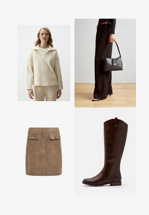 Lichtcrème pullover gemaakt van textuurstof, met een hoge kraag, rits en een losse fit. Gepaarde met beige strakke broek.; Bruine suède mini-jurk met een gladde textuur, voorzien van twee voorflapzakken en knoopsluitingen aan elke kant. Eenvoudig, recht ontwerp.; Bruine kniehoge laarzen van soepel leer, met een ronde neus, lage gestapelde hak en een subtiel stikselpatroon langs de zijkanten.; Zwarte handtas met gestructureerde vorm, gladde textuur en een metalen sluiting. Gecombineerd met brede zwarte broeken en sandalen met open teen op een houten vloer.