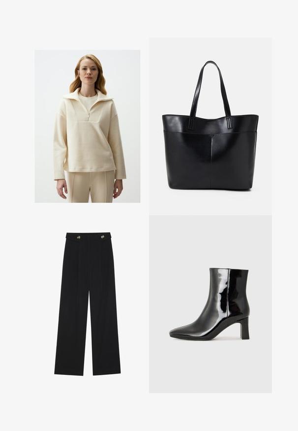 Pull léger en crème fabriqué dans un tissu texturé, avec un col haut, une fermeture éclair et une coupe ample. Assorti à un pantalon beige ajusté.; Pantalons larges noirs à taille haute, avec des détails de boutons à la taille et des plis sur le devant.; Bottines en cuir verni noir avec un bout pointu et un talon block de hauteur moyenne. Texture lisse et design minimaliste.; Sac fourre-tout en cuir noir avec deux longues poignées, une texture lisse et une forme structurée. Dispose d'une poche avant pour un rangement supplémentaire.