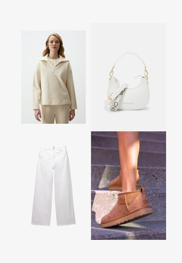 Light cream pullover made of textured fabric, featuring a high collar, zipper, and loose fit. Paired with beige fitted pants.; White wide-leg jeans made from denim. Features button closure, front and back pockets, and stitched seams. Smooth texture with minimal detailing.; Tan suede ankle boots with a soft texture, stitched detailing, and a rubber sole, featuring a looped heel for easy wear.; White handbag with a curved silhouette, textured leather, gold hardware, and a detachable strap featuring a logo and buckle detail.