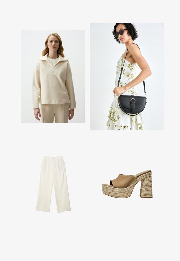 Helles Creme-Pullover aus strukturiertem Stoff, mit hohem Kragen, Reißverschluss und lockerer Passform. Kombiniert mit beigen, enganliegenden Hosen.; Helle Stoffhose mit weitem Bein und glatter Textur, ausgestattet mit einem einzelnen Knopf vorne, dezenten Falten und einem Hochbund-Design.; Braune Wildleder-Plateau-Sandalen mit offenem Zeh, ausgestattet mit einem chunky geflochtenen Jute-Absatz und einem glatten, abgerundeten Oberdesign.; Schwarze Lederhandtasche mit geschwungener Form, abnehmbarem Tragegurt und goldenen Beschlägen. Die Tasche verfügt über einen Deckel mit einer Schnallen-Details.