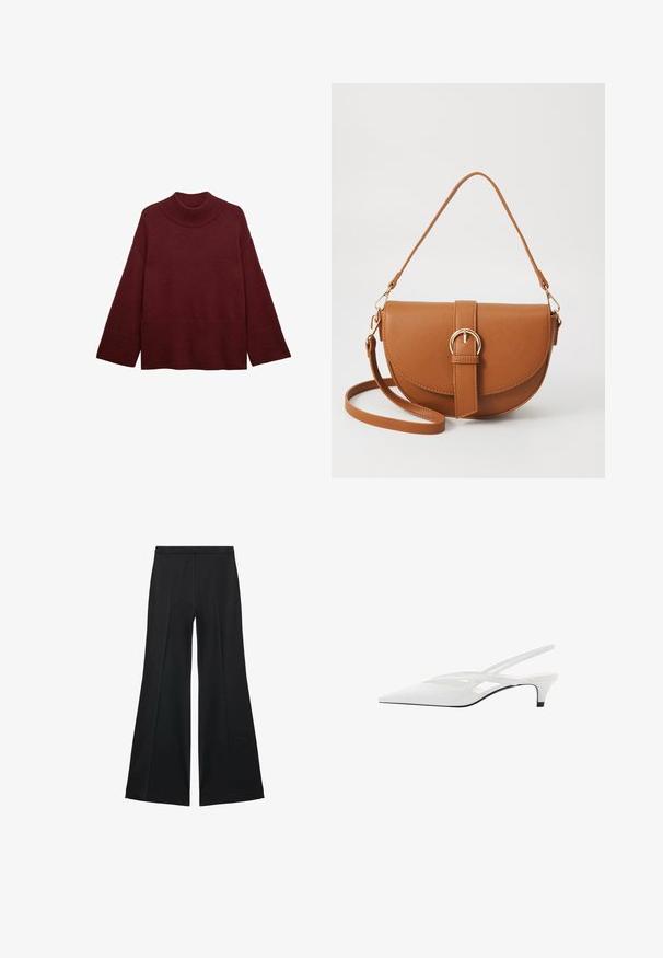 Bordeaux gebreid trui met een hoge, geribbelde hoge hals, brede mouwen en een gek textureerde onderzoom, met een ontspannen, boxy silhouet.; Zwarte wijde-pijpen broek met een gladde textuur, gekenmerkt door voorplooien en een op maat gemaakte uitstraling. De stof is lichtgewicht en vloeiend.; Witte slingback hak met spitse neus, voorzien van een gladde bovenkant, subtiele uitsparingen en een lage blokhak. Zwarte zool accentueert het ontwerp.; Bruine leren schoudertas met een gebogen vorm, gouden hardware en een gespaccent. Bevat een afneembare schouderriem.
