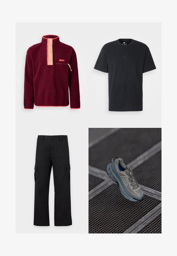 Pullover de fleece burgundy com colarinho alto, placket de botões em creme, bolso no peito com fecho de zíper e acabamento em laranja contrastante.; T-shirt de algodão preto da Nike com um clássico decote redondo, mangas curtas e um logótipo em relevo discreto no peito. Textura suave.; Calças cargo pretas com um design de perna reta. Feitas de um tecido durável, apresentam dois bolsos laterais com fechos de aba e um fecho de botão.; Sapatilha atlética bege e cinza com parte superior em malha texturizada, ponta arredondada e sola de borracha, com atacadores e colarinho almofadado.