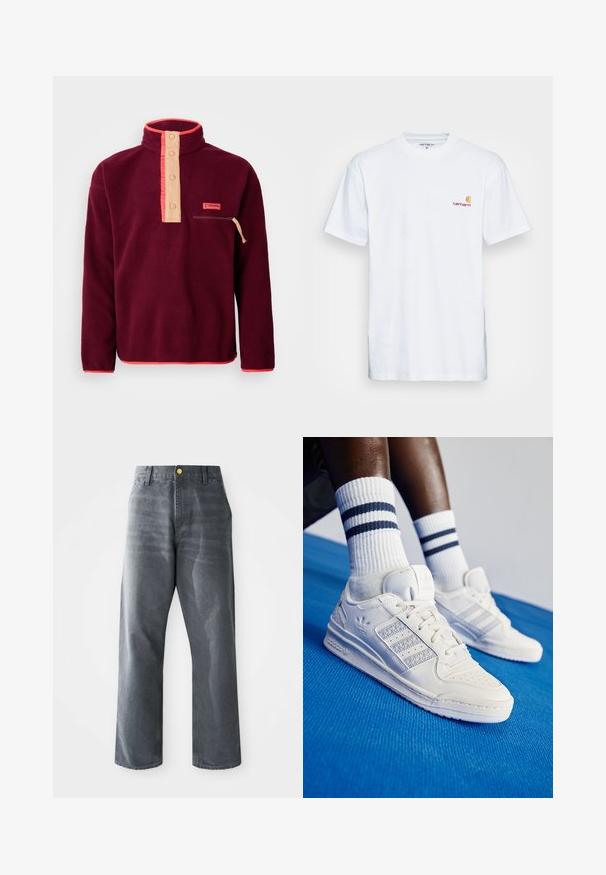 Burgundský fleecový svetr s vysokým límečkem, krémovým zapínáním na knoflíky, kapsou na zip na hrudi a kontrastním oranžovým lemováním.; Bílé bavlněné tričko s krátkým rukávem. Navrženo s malým oranžovým a vínovým logem na levé části hrudi. Obsahuje klasický kulatý výstřih.; Pánské šedé denimové džíny se širokými nohavicemi a volným střihem, s předními kapsami a jedním viditelným zlatým knoflíkem na pase.; Bílé kožené tenisky s perforovanými detaily, třemi kovovými pruhy a texturovanou bočním panelem. Nosené s bílými ponožkami s modrými pruhy.