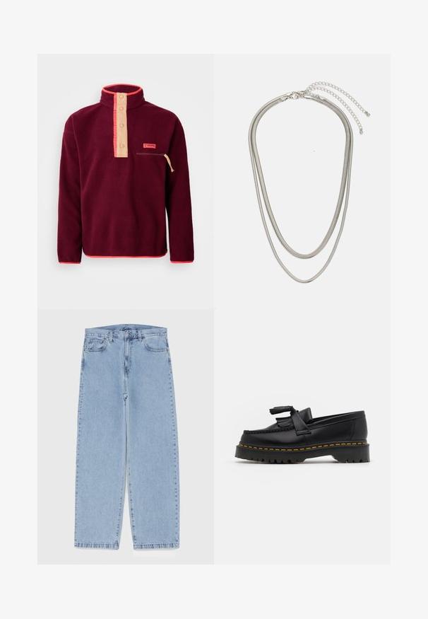 Burgundy fleecepulahuv med hög krage, krämfärgad knappslå, bröstficka med dragkedja och kontrasterande orange detaljer.; Ljusblå denimjeans med rak bendesign, midjehög midja, fem fickor samt knapp- och dragkedjestängning.; Svart läderloafer med en tofsdetalj, med en kraftig svart sula och gul söm längs kanten. Strukturerad yta.; Tre-lager silvermetallhalsband med eleganta, flexibla kedjor med en svag glans, säkrad med ett kräftklämma och justerbar kedja.