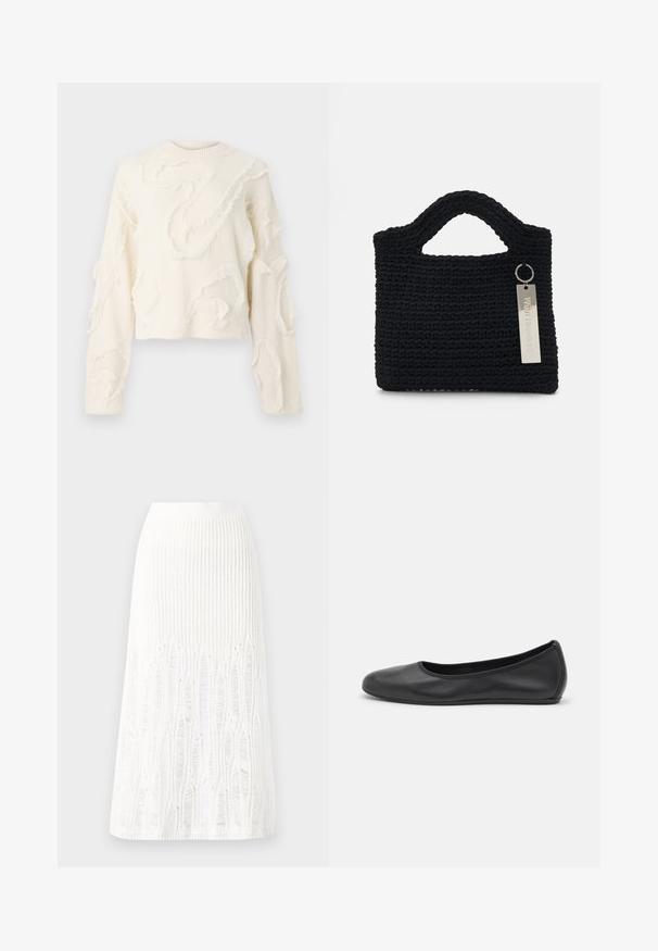 White cropped sweater with textured frayed designs, long sleeves, and a ribbed crew neck. Soft fabric with a unique, layered appearance.; Knit white midi skirt featuring a textured pattern with vertical lines and cut-out details near the hem. Elastic waistband. Soft material.; Black leather ballet flat with a rounded toe, smooth texture, minimal stitching detail, and a flexible sole design.; Won Hundred MARSIELLE COMPUTER BAG UNISEX - Laptop bag - black