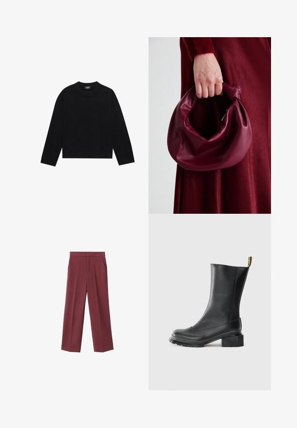 Zwarte crewneck trui met lange mouwen, geribbelde manchetten en zoom, gemaakt van zacht materiaal. Eenvoudig, strak ontwerp zonder patronen of accenten.; Bordeaux brede broek met een zachte textuur, voorzien van zijzakken en een hoogtaille ontwerp. Strak gesneden met een nette voorplooi.; Zwarte leren enkellaars met een blokhak, gladde textuur, ronde neus en een haklus met gele branding.; Bordeaux leren handtas met een zacht, gegathered ontwerp en een ronde vorm. De handgreep is stevig bevestigd en toont een gladde textuur.