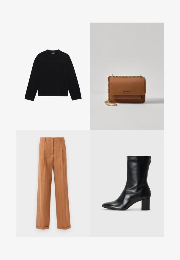 Black crew-neck sweater with long sleeves, ribbed cuffs and hem, made of soft material. Simple, clean design without patterns or accents.; Brown pinstriped trousers with a tailored design, featuring pleats, a straight cut, and a cuffed hem. Made from a smooth fabric.; Black leather ankle boot with a pointed toe and 4 cm block heel. Sleek design features a side zipper for easy wear. Smooth texture.; Brown textured leather crossbody bag with gold chain strap and flap closure. Front features logo detail and a pocket under the flap.