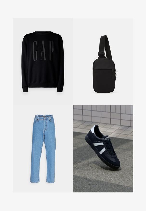 GAP Pusa - black; Heled sinised kõrge vöökoha sirged teksad eesnupu ja lukuga, vööloopide ja viie-tasku disainiga valge tausta ees.; Must have musta sneaker musta valgete triipudega, tekstuurne kummitald ja nööridega esiosa. Omab bränditud märki keele peal.; Mustmust crossbody kott mustekangast, millel on üks reguleeritav rihm, lukuga põhiosas ja eesmine tasku.