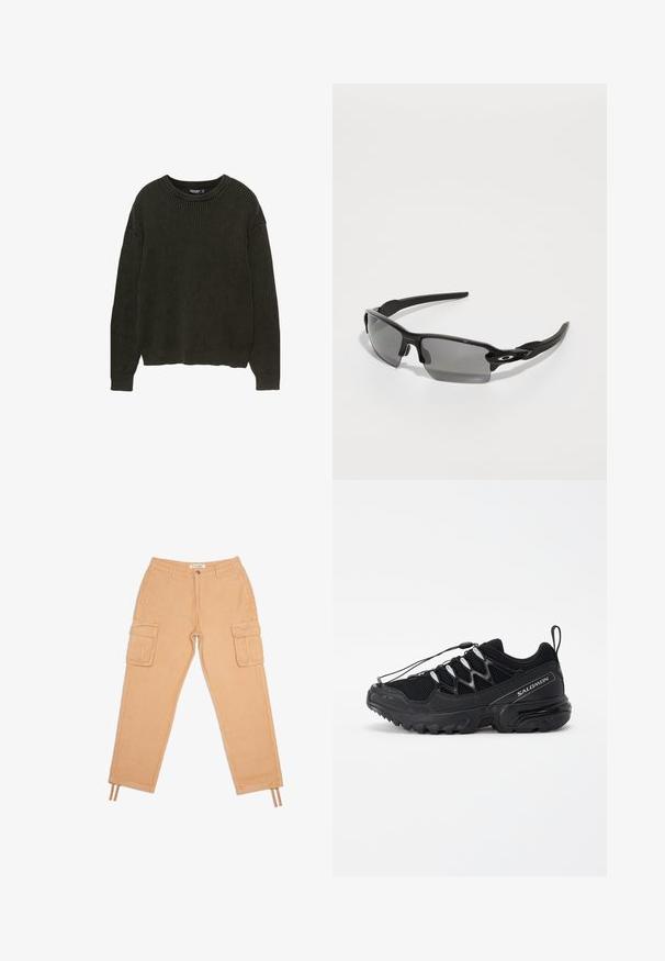 Dunkelgrüner, gerippter Pullover mit langen Ärmeln, rundem Ausschnitt und lockerer Passform. Texturiertes Gewebe mit subtiler Dehnbarkeit. Keine sichtbaren Metallteile oder Muster.; Beige Corduroyhosen im Cargo-Stil mit zwei Seitentaschen, schmal zulaufenden Beinen und Kordelzügen am Saum. Texturiertes Gewebe mit sichtbarem Rippmuster.; Schwarze Laufschuhe mit Mesh-Obermaterial, reflektierenden Akzenten und elastischen Schnürsenkeln. Verfügt über eine robuste Sohle mit Traktionsmustern für Stabilität.; Schwarze Sportsonnenbrille mit grauen Gläsern, geschwungenem Rahmendesign und Logodetail an der Seite. Hergestellt aus leichtem Kunststoffmaterial.